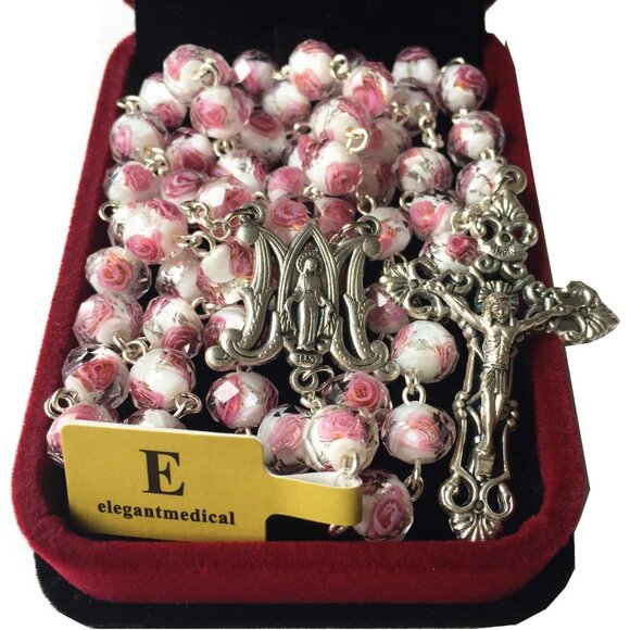Rose Pink Veluriyam Rosary Beads Catholic Necklace Gift Box - Picture 2 of 9